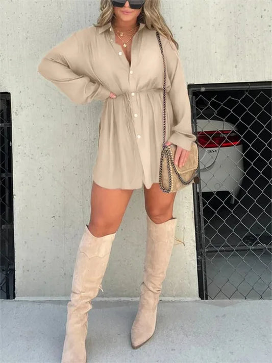 Summer Pleated Shirt Dress Fashion A-Line Single Breasted Casual Dress Turn-Down Collar High Waist Solid Trendy Mini Dress 2024